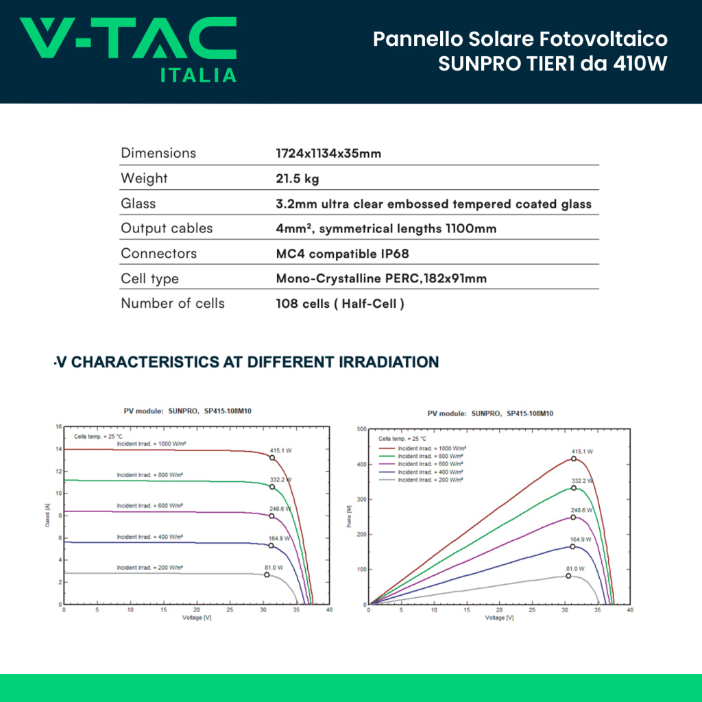 V-TAC Modulo Fotovoltaico SUNPRO TIER-1 da 410W Monocristallini Silver Frame IP67/IP68 V-TAC Modulo Fotovoltaico SUNPRO TIER-1 da 410W Monocristallini Silver Frame IP67/IP68